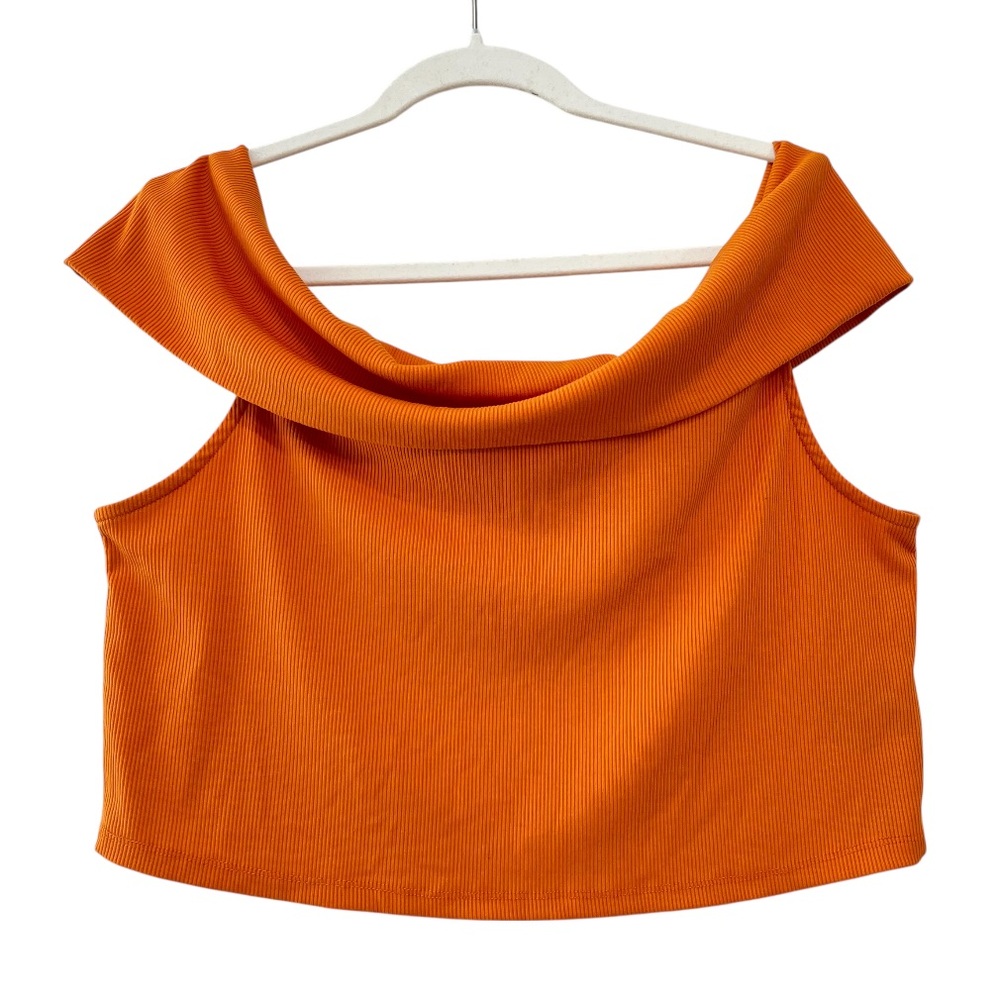 H&M Orange Ribbed Fold Over Off-The-Shoulder Cropped Top Size XL - Picture 3 of 8